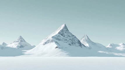 Majestic snow capped peaks rise above a vast white expanse