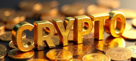 The golden word Crypto and bitcoins, coins money, background