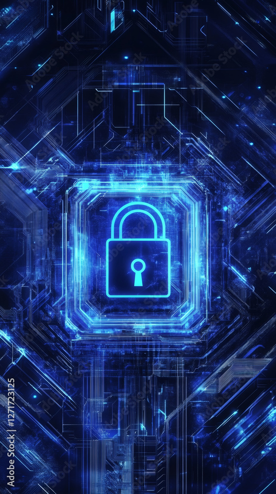 Poster bright blue digital padlock symbolizes cybersecurity and data protection within futuristic technolog