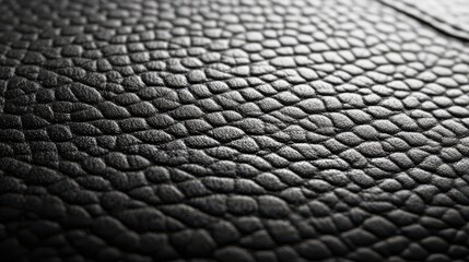 Close-up texture of black leather.  The image showcases the detailed grain and subtle light reflections on the surface.