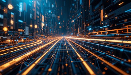 Dynamic data flow digital realm 3d render futuristic environment aerial view technology concept