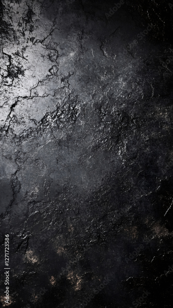 Poster black textured background resembling cracked asphalt or stone surface, creating a dramatic and grung