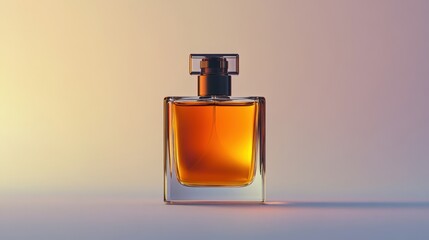 Bottle of perfume placed on a grey background with soft lighting and subtle shadows for an elegant presentation
