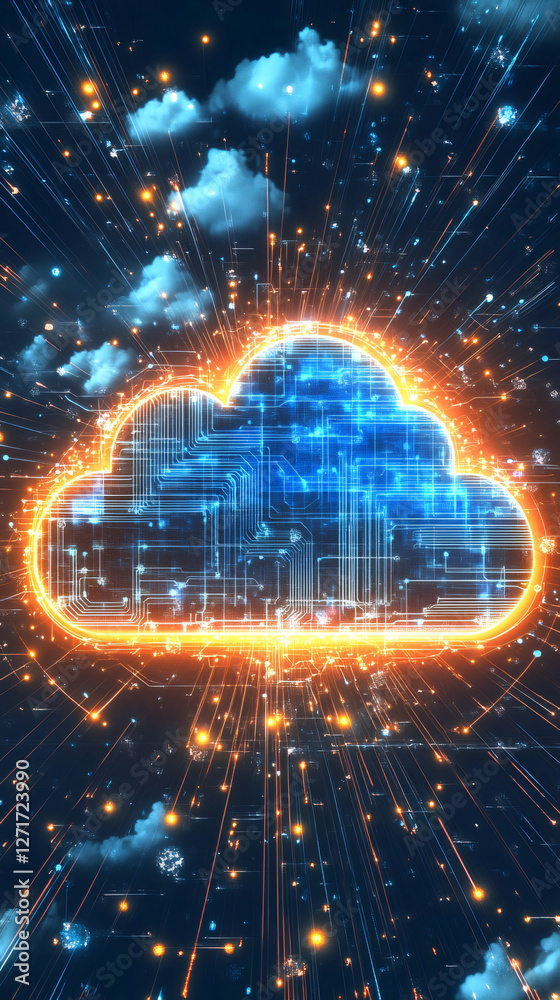 Poster Cloud computing technology connecting data through circuit lines and bright lights, symbolizing innovation and digital transformation
