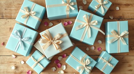 Arrangement of wrapped gifts with ribbons and scattered flower petals on a wooden background, from above.