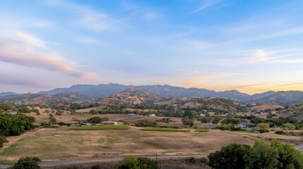 Fototapeta premium hillside farm panorama, peaceful mountain scenery, rural valley scene, vast expanse of hills, peaceful valley scene, majestic mountain range view, rural valley panorama, rural landscape photography