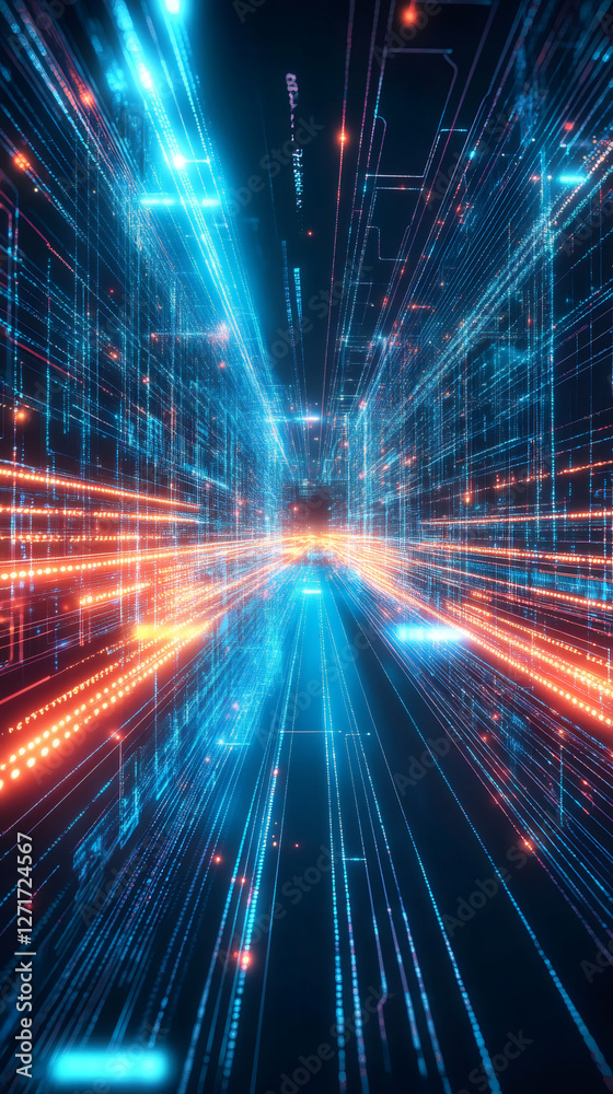 Aufkleber orange and blue glowing lines of data flow through cyberspace, representing the fast transmission of
