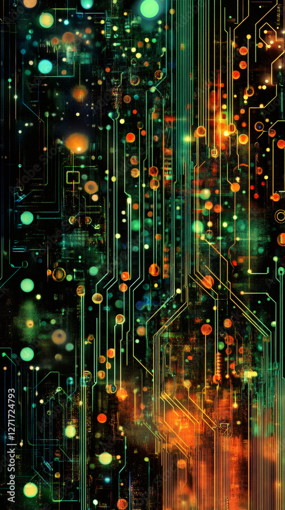 Aufkleber complex electronic circuit board with glowing components transmitting data, creating a futuristic te