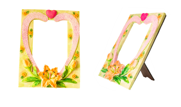 photo frame with floral colorful plaster decor along the contour. Set of two positions. Isolated on white background. Isolated on transparent. png format available
