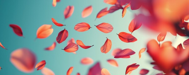 A serene image of vibrant red petals gracefully floating against a soft, blurred blue background, evoking feelings of tranquility and beauty.