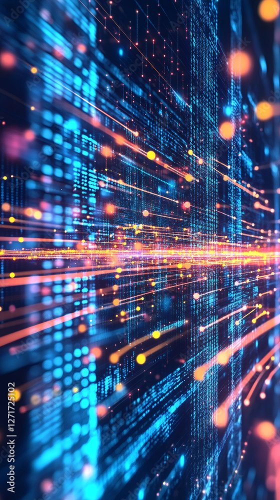 Poster futuristic data stream flowing in cyberspace with binary code and colorful light trails, representin
