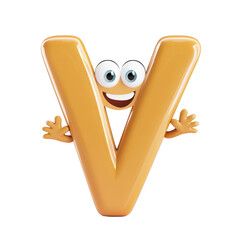 Cute letter V with big eyes in 3D cartoon style  Isolated on White Background
