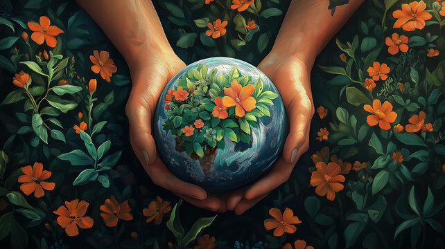 Hands holding Earth globe with a flourishing tree celebrating Arbor Day and Earth Day