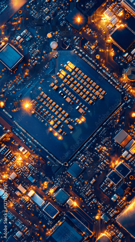 Poster circuit board detail revealing glowing electronic components, highlighting intricate tech design and