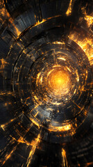Golden light illuminating a circular technological tunnel, creating a futuristic and abstract atmosphere