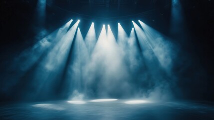 A dramatic scene with blue stage lights illuminating a smoky background.