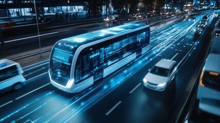 A smart city concept featuring self-driving public transport, AI traffic monitoring, and green energy solutions.
