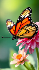 Fototapeta premium Beautiful butterfly sitting on a flower - web banner of spring, summer concept, hand-drawn digital illustration. White tone