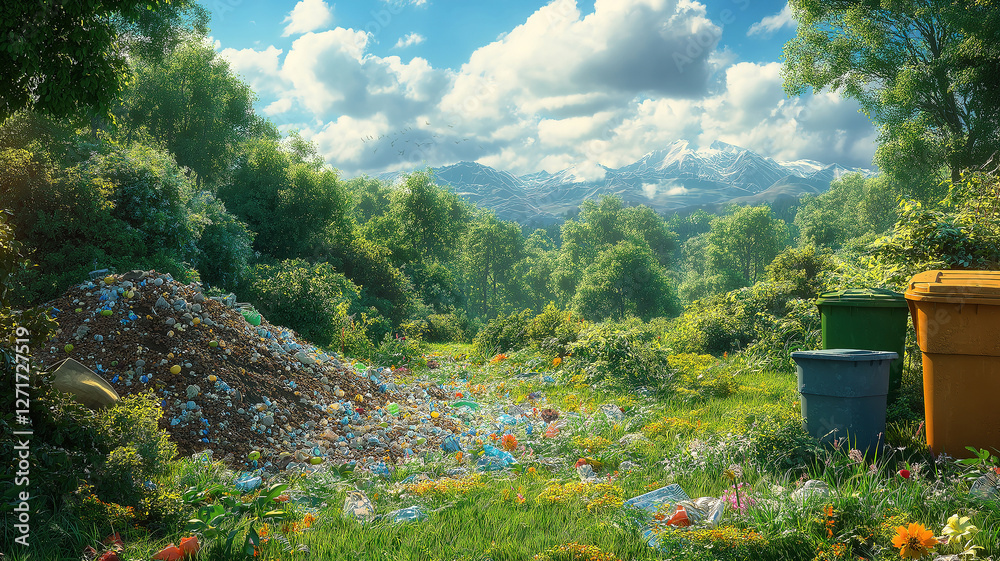 Wall mural reduce reuse recycle message with bins and compost heap in a lush green landscape promoting