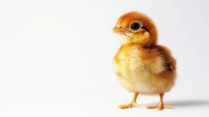Fototapeta premium Small chicken standing on a white surface isolated in a well-lit environment with minimal distractions