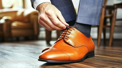 A man is putting on his shoes and socks. The shoes are brown and the socks are black