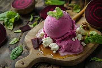 Colorful beet ice cream with feta and mint garnished on rustic wooden board alongside fresh vegetables and honey. Concept highlights beet ice cream with feta as unique dessert choice