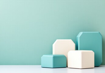 Obraz premium Pale Teal and Off White Geometric Display Platforms Against Textured Light Teal Background