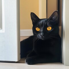 there is a black cat that is sitting in the doorway