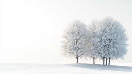 Two trees standing in a snowy landscape with a clear blue sky in the background