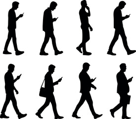 Man walking while using a smartphone silhouettes vector illustration set