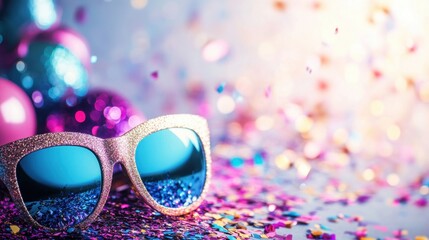 Pair of sunglasses surrounded by colorful confections on a festive party background