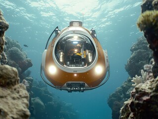 A futuristic submersible exploring vibrant coral reefs underwater, showcasing marine life and advanced technology.