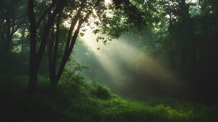 Sunbeams Illuminate Misty Forest Path Green Trees