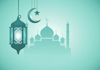 Islamic greetings Ramadan Kareem card design with lanterns and crescent, elegant golden moon with mosque Ramadan Kareem background