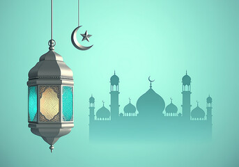 Islamic greetings Ramadan Kareem card design with lanterns and crescent, elegant golden moon with mosque Ramadan Kareem background