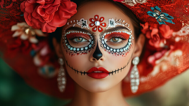 Glamorous Latin Woman Dressed as La Catrina with Artistic Skull Makeup, Wide-Brim Hat, and Elegant Gothic Fashion for D&iacute;a de los Muertos, Day of the Dead and Halloween.