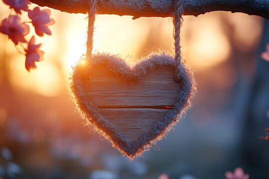Wooden heart-shaped sign hanging from a tree branch at sunset, surrounded by blooming flowers
