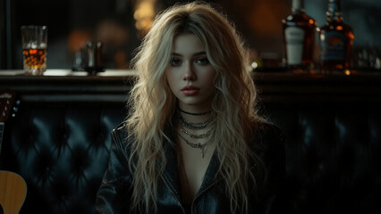 Fototapeta premium A stylish rocker young woman with voluminous blonde hair and leather jacket sits in a dimly lit bar, near a acustic guitar, surrounded by bottles on a shelf in the bar