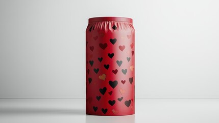 Red canister decorated with heart shapes for storage or decoration purposes