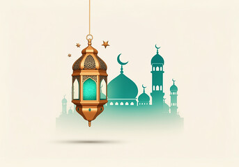 Islamic greetings Ramadan Kareem card design with lanterns and crescent, elegant golden moon with mosque Ramadan Kareem background