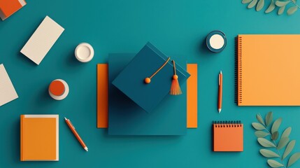 Graduation celebration library desk academic scene study environment overhead view graduation with books