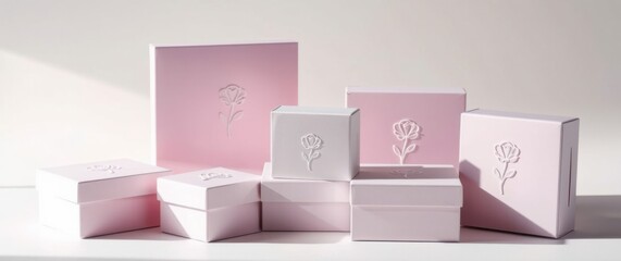 Elegant arrangement of pink and white gift boxes with delicate rose imprints, perfect for special occasions.