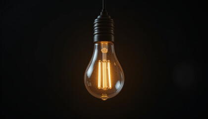 Glowing Light Bulb Against a Deep Black Background, Illuminating Darkness with Warm Light