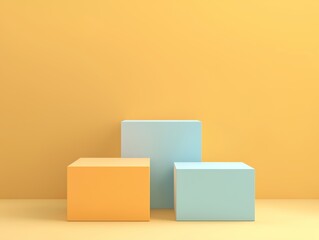 Three pastel podiums against a vibrant yellow background.