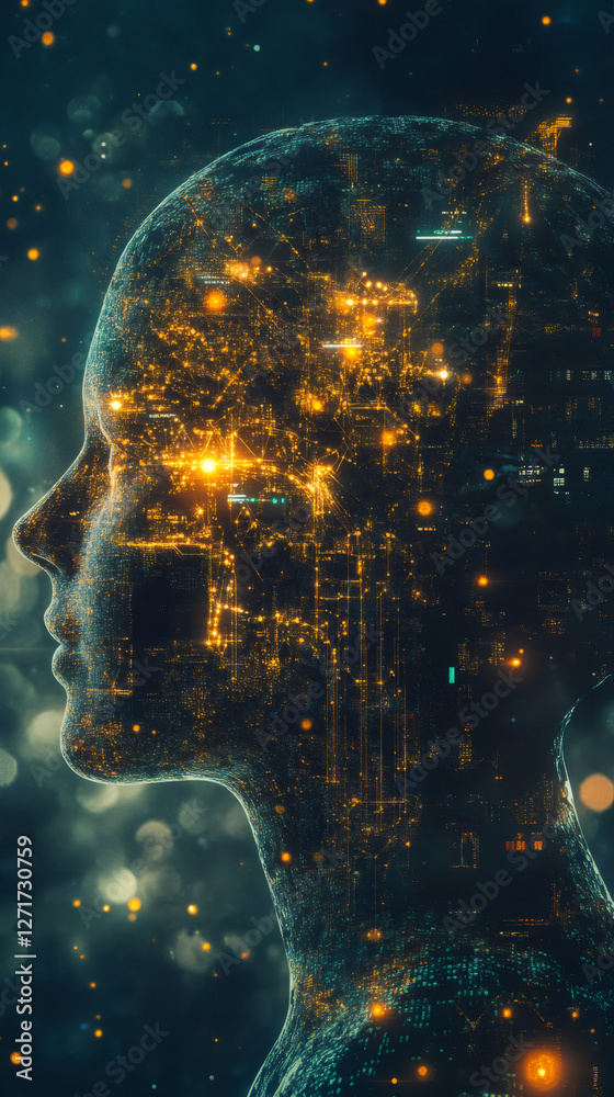Leinwandbilder Profile of a digital human face made of data and circuit networks, symbolizing artificial intelligence and technological advancement