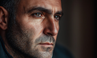 Obraz premium A close-up portrait of a contemplative man with intense expression and textured skin.