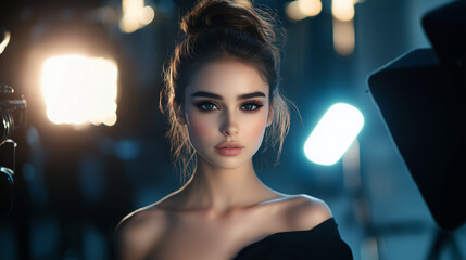 Glamorous Fashion Model with Smokey Eyes Walking Through Flashing Paparazzi Cameras in Elegant Black Dress, Classic Smokey Makeup, VIP Celebrity Moment with Bright Lights and Photographers.