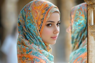 In intimate moment young Muslim woman elegantly adjusts her colorful hijab while standing before ornate mirror illuminated soft natural light enhances her delicate features.