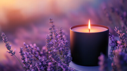 Candlelight Serenity in Lavender Field: A single candle glows warmly amidst a field of lavender, evoking a sense of peace, tranquility, and the calming essence of aromatherapy.