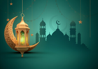 Islamic greetings Ramadan Kareem card design with lanterns and crescent, elegant golden moon with mosque Ramadan Kareem background